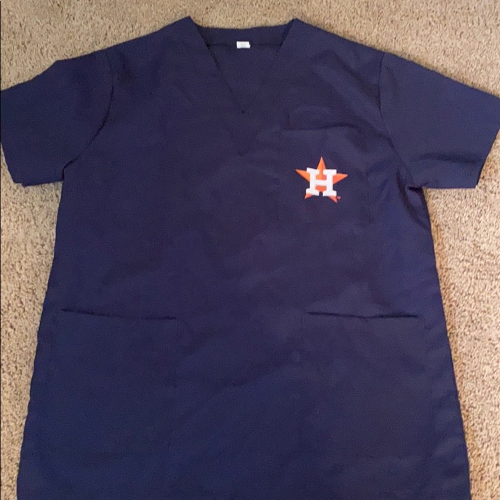 MLB Houston Astros Scrub Top Womens Medium Navy Blue V-Neck Medical